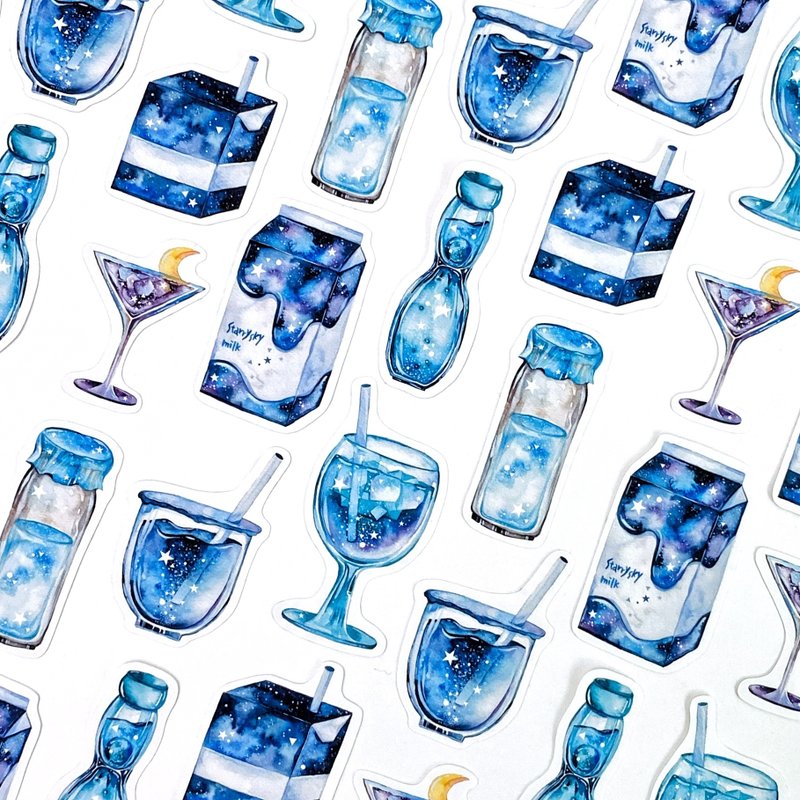 星空饮品 亮面插画贴纸 - 贴纸 - 纸 蓝色