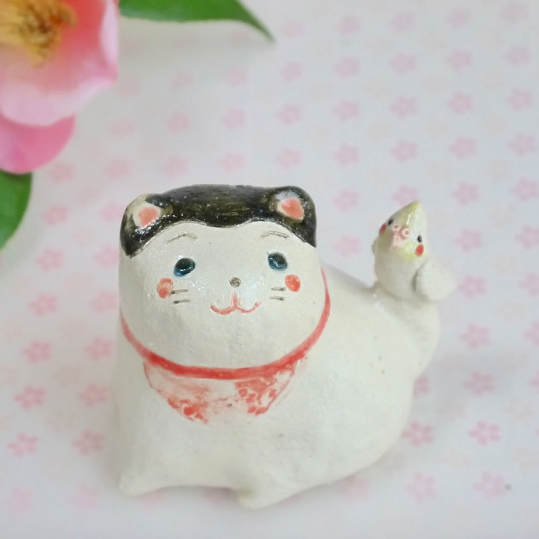 Pottery figurine of dog and cockatiel (2018 Zodiac) - 摆饰 - 陶 红色
