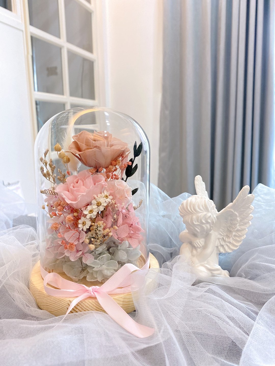秋日气质奶茶色 永生玫瑰玻璃花灯 花罩 日本永生花 生日 情人 - 干燥花/捧花 - 植物．花 粉红色