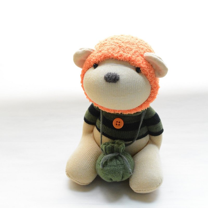 全手缝自然风袜子娃娃~橘帽绿纹T蜂蜜熊+仿蜂蜜罐 - 玩偶/公仔 - 棉．麻 橘色