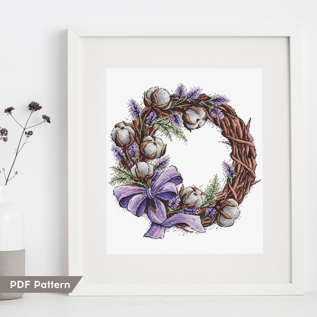 Cotton wreath cross stitch pattern digital download Christmas Lavender DIY décor - 编织/刺绣/羊毛毡/裁缝 - 绣线 