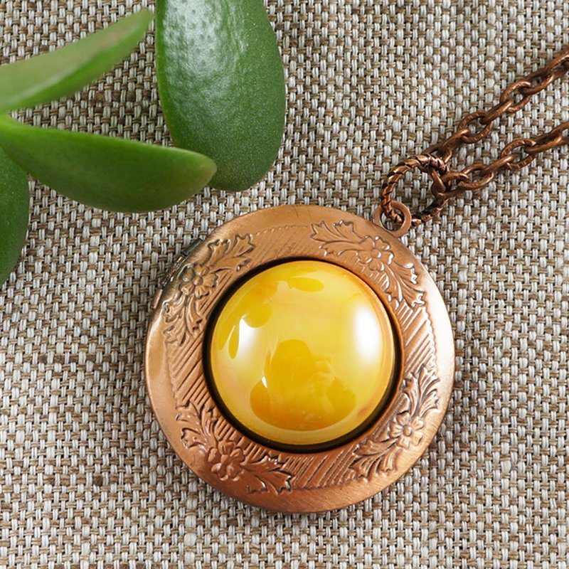 Yellow Glass Copper Round Photo Locket Keepsake Pendant Necklace Woman Jewelry - 项链 - 玻璃 黄色