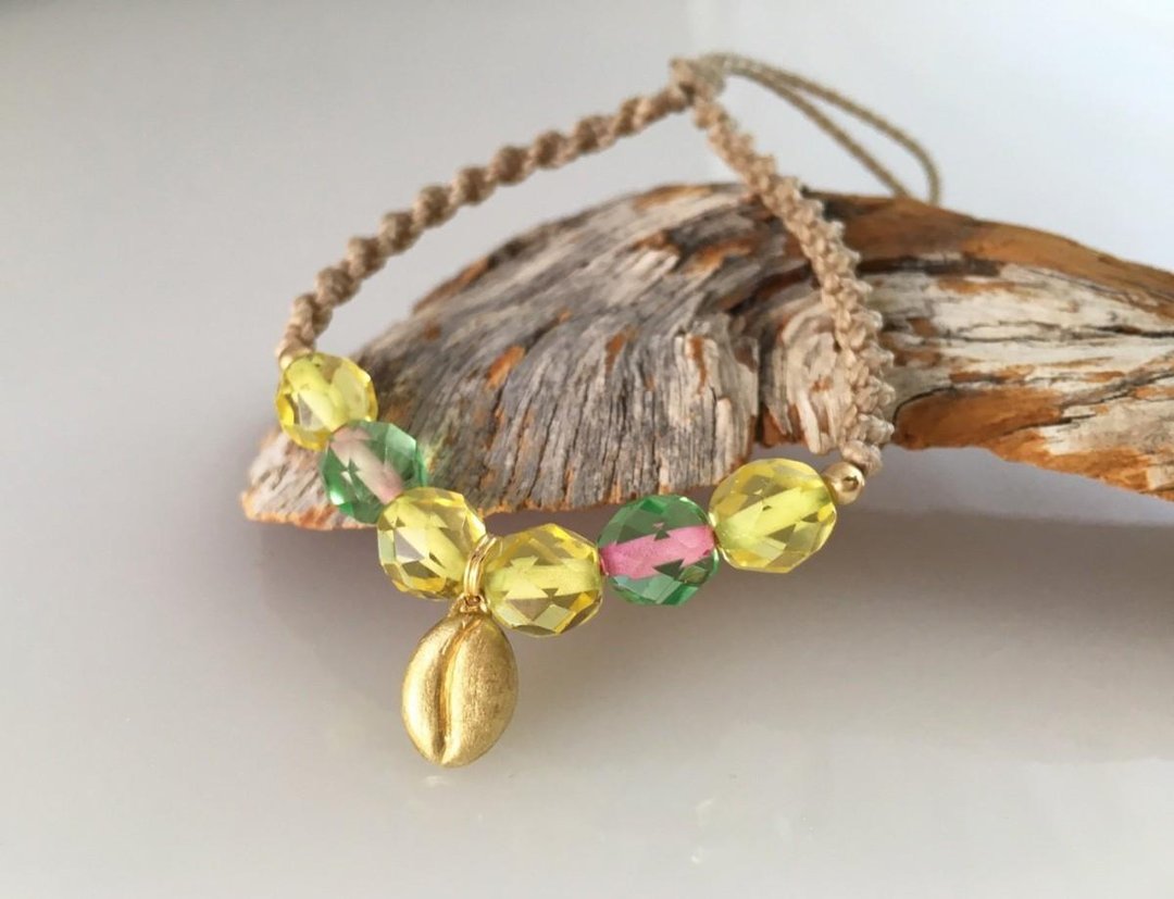 Brass coffee bean charm ☆ French glass ☆ Macrame bracelet - 手链/手环 - 其他金属 