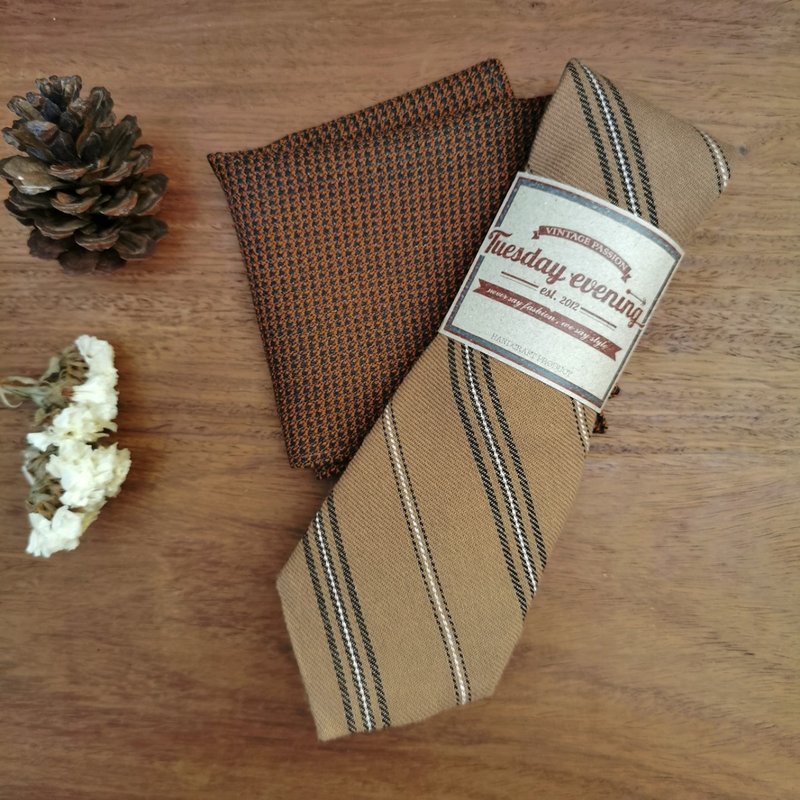 Tie Set - Necktie Set Sand Brown Stripe with Orange Brown Pocket Square - 领带/领带夹 - 棉 咖啡色