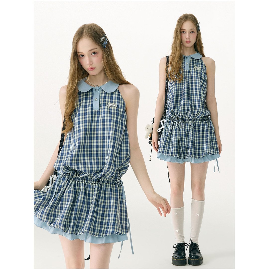 ziziFei''蓝调少女''夏蓝格纹娃娃领学院感挂脖花苞兜兜连衣裙女 - 洋装/连衣裙 - 其他材质 蓝色