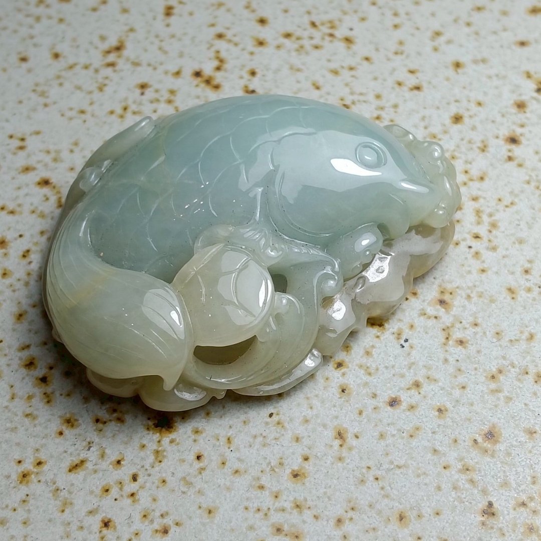J0102天然翡翠A货 . 冰糯秋香黄绿胖锦鲤.锦上添花.挂饰. - 摆饰 - 玉石 