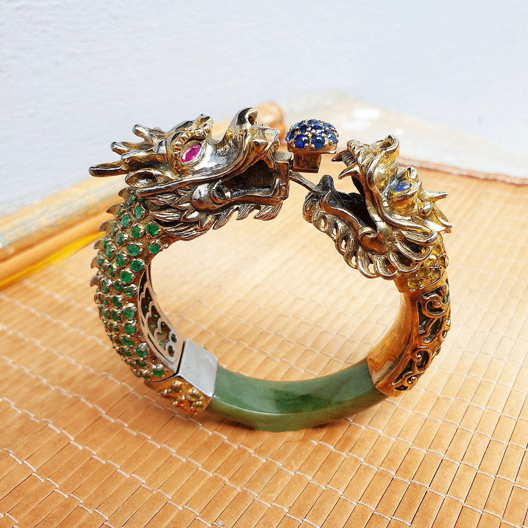 Bangle jade/Dargon/Pixiu 92.5 silver /Emerald/Ruby/Blue& Yellow sapphire natural - 手链/手环 - 玉石 
