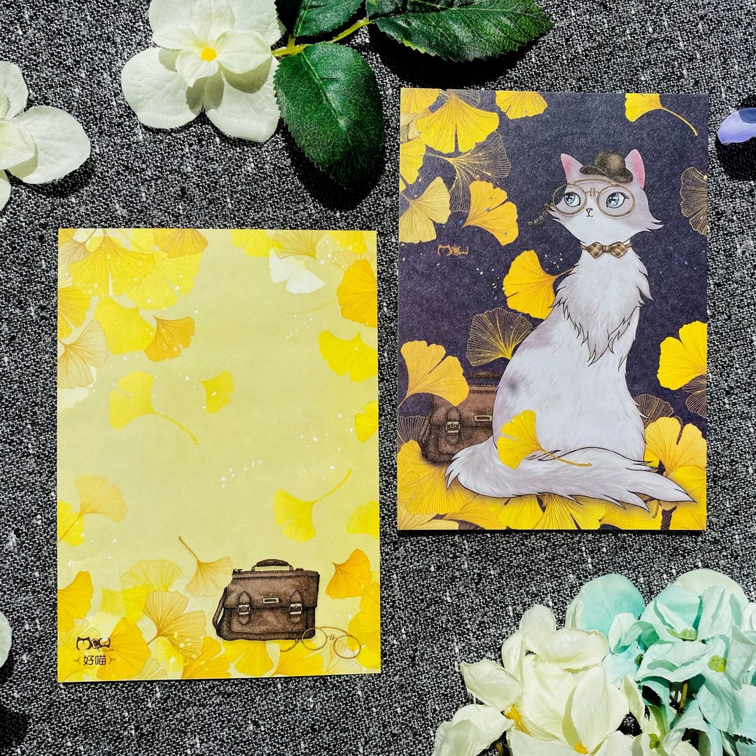 明信片 | 双面插画 - 银杏文青猫 - 卡片/明信片 - 纸 黄色
