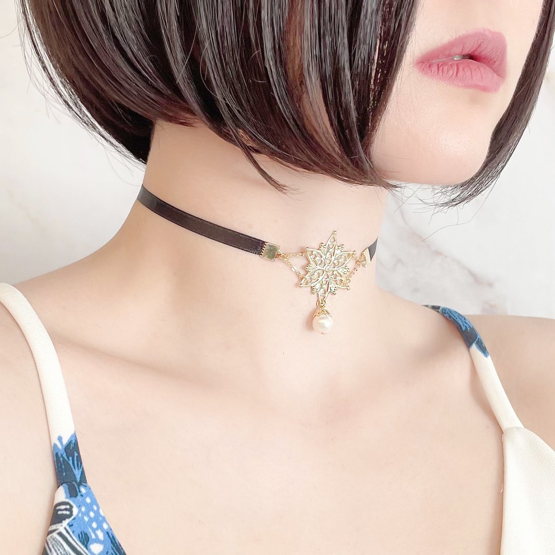 金/魔水晶黑丝带珍珠颈链 SV045G - 颈链 - 其他金属 金色