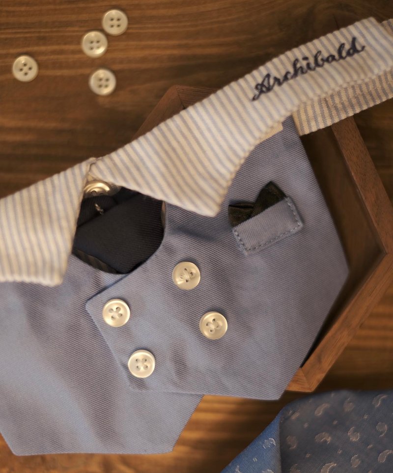 宠物订制孖襟西装领/浅蓝牛仔 Signature double-breast collar - 衣/帽 - 棉．麻 蓝色