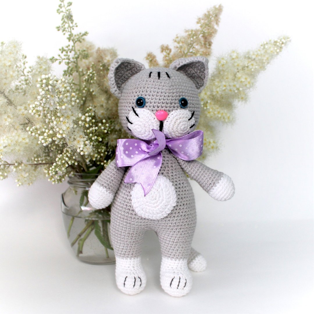Amigurumi stuffed cat  Personalized  Baby shower gift  Soft toy kitten - 玩具/玩偶 - 羊毛 灰色