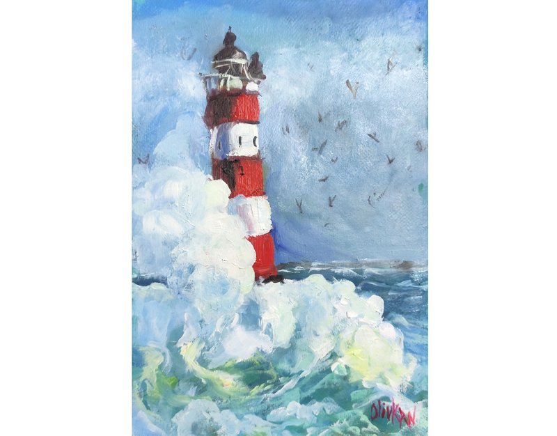 Seascape Original Art Lighthouse Oil Painting Lighthouse Impasto Sea Wall Art - 海报/装饰画/版画 - 其他材质 蓝色