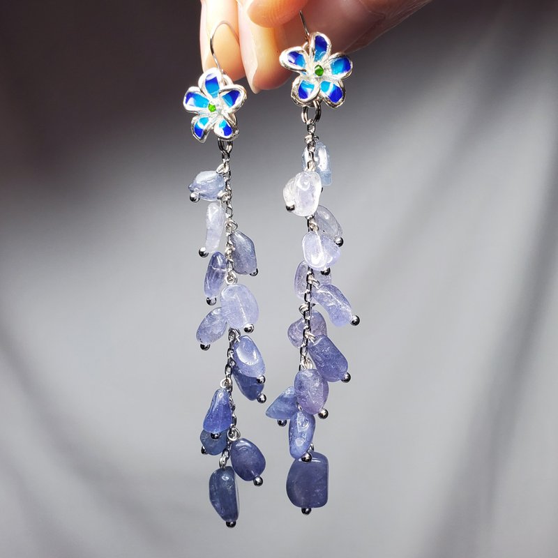 天然 净体 丹泉石 坦桑石 珐琅 花开富贵 流苏 耳环 仅此一件 - 耳环/耳夹 - 宝石 紫色