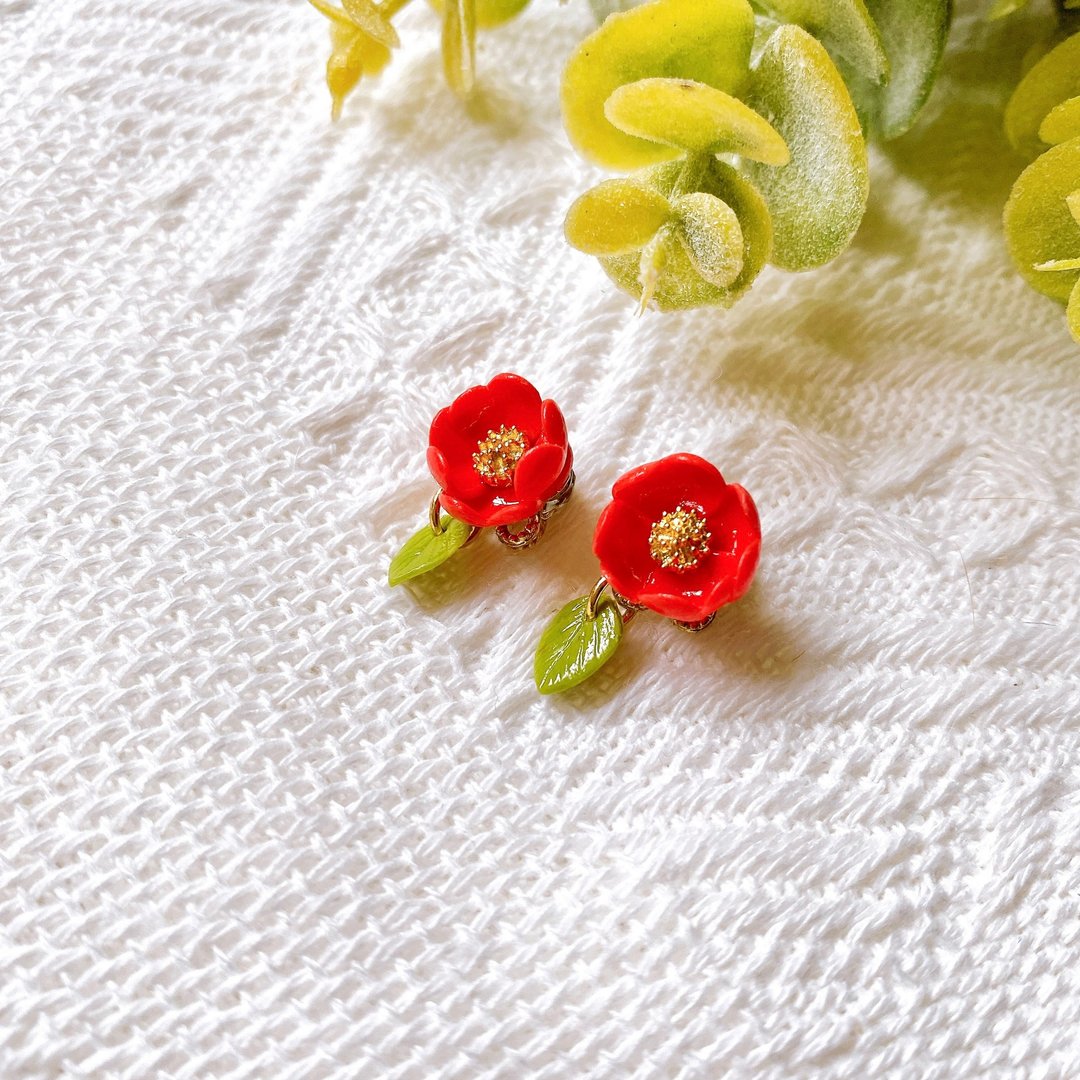 山茶花、桩花耳环 | 黏土耳环 - 耳环/耳夹 - 粘土 红色