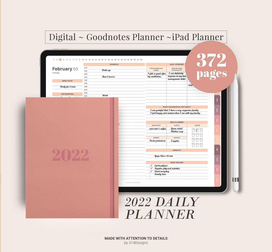 2022 Daily Planner, Digital Goodnotes ipad Planner, Hourly work life schedule - 电子手帐及素材 - 其他材质 