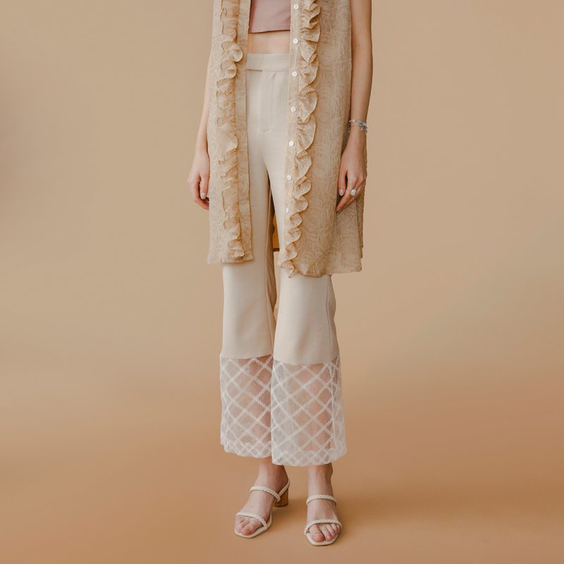 暗花镂空蕾丝度假长裤 (浅蓝/米杏) - 男士长裤 - 其他人造纤维 卡其色