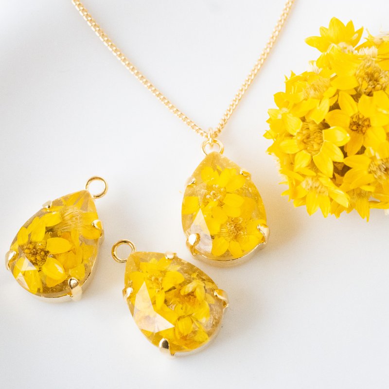 真花项链 / 泪滴 / 宝石项链 / 蜡菊 / 可更换 14KGF / N-384 - 项链 - 树脂 黄色