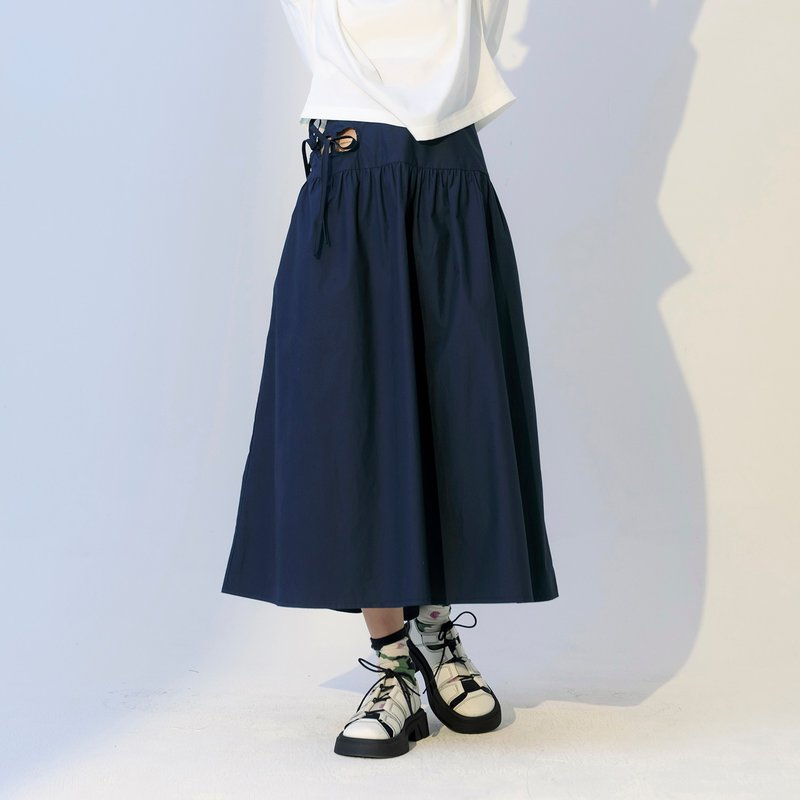 圈圈镂空绑带细褶裙 - 裙子 - 棉．麻 蓝色