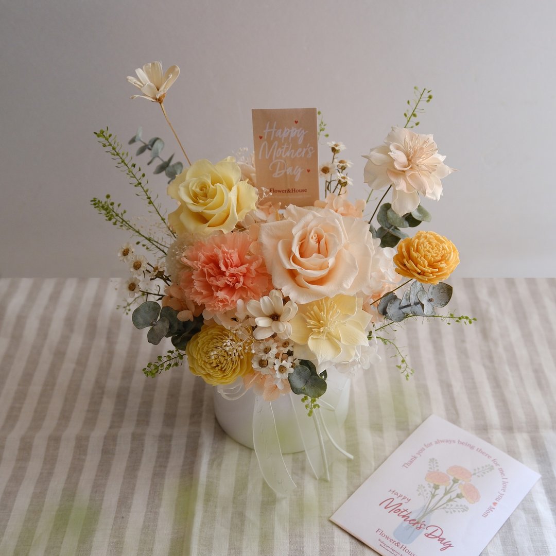 永生花 + 干燥花∣永恒春日玫瑰康乃馨永生桌花 (橘黄) 祝贺盆花 - 干燥花/捧花 - 植物．花 橘色