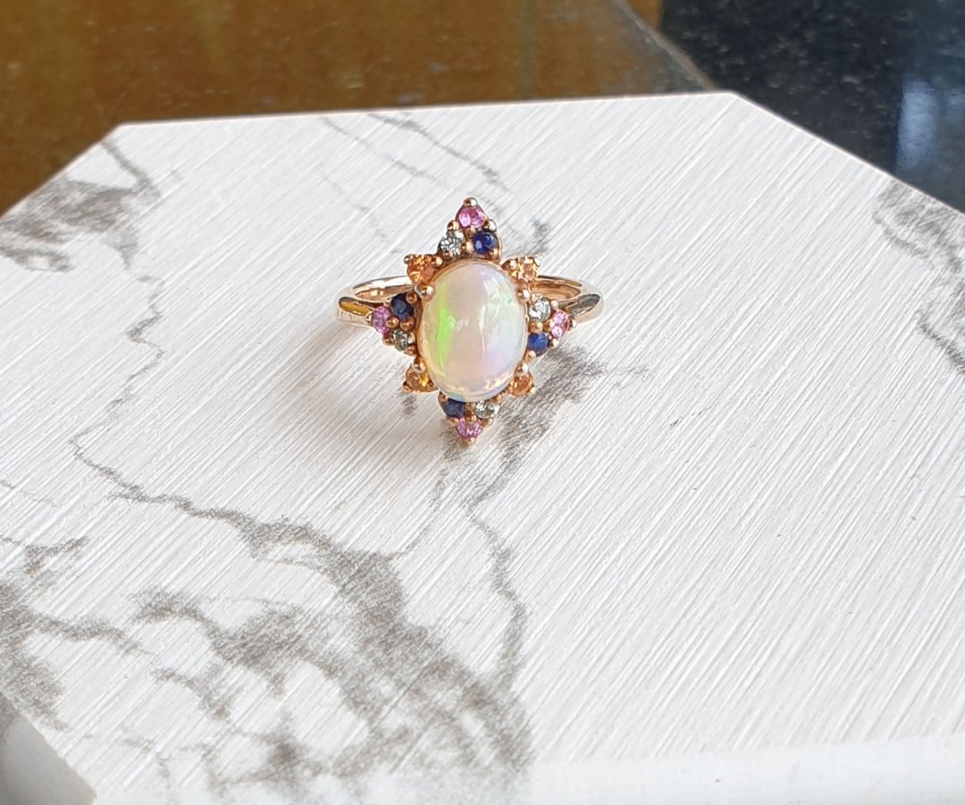 Opal ring decorated with multi-color sapphires all natural gemstone in 925silver - 戒指 - 银 白色