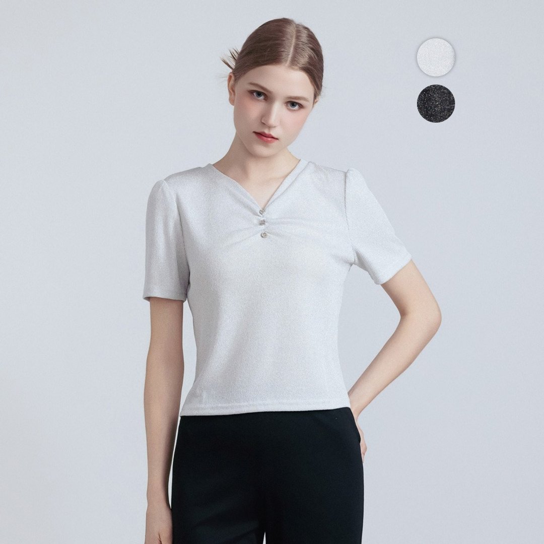 【MEDUSA】微光胸褶高弹性修身内搭短袖上衣 - 2色(M-XL) | 百搭 - 女装上衣 - 聚酯纤维 银色