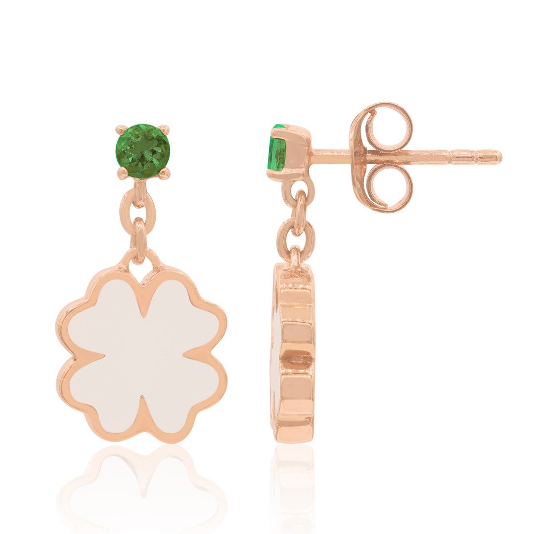 14K/ 18K Solid Gold 4 Leaf Clover Earrings set with Aquamarine - 耳环/耳夹 - 宝石 金色