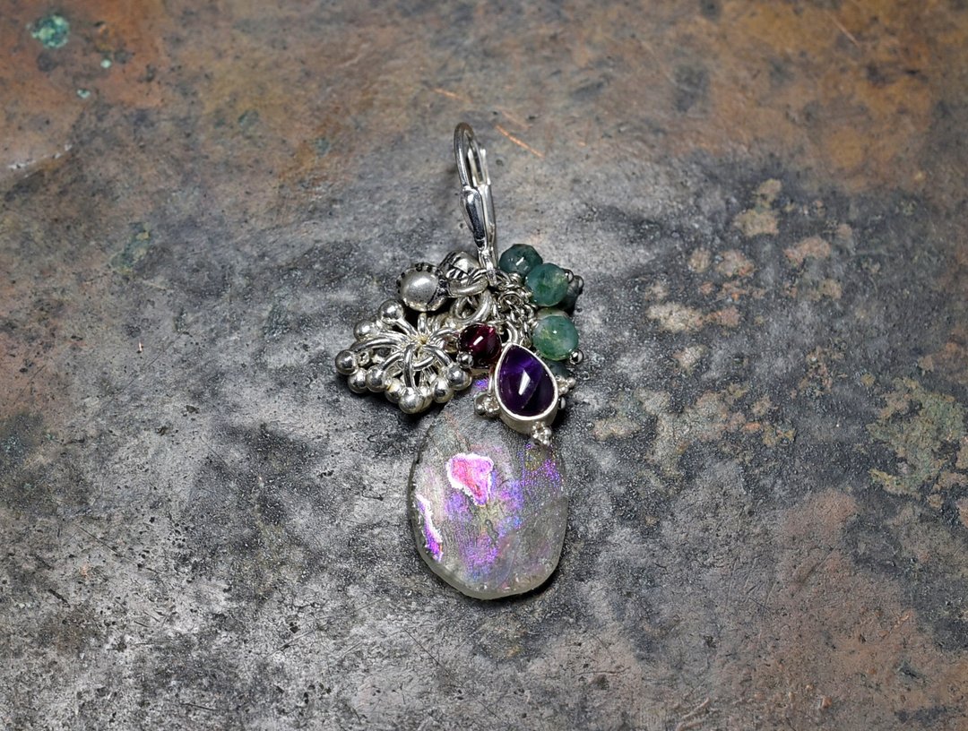 Clear Silver roman glass and silver frame Amethyst, moss agate, garnet and crisp Karen Silver, one ear earrings of bells - 耳环/耳夹 - 玻璃 透明