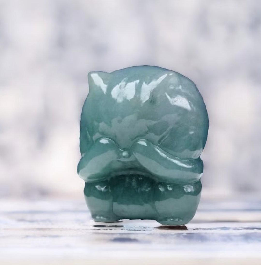 蓝水翡翠巧雕非礼勿视小猫咪 | 天然A货翡翠 | 送礼 - 摆饰 - 玉石 绿色