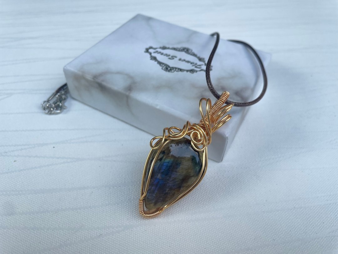 220732 wire wrapping 拉长石 铜线 绕线 吊堕 - 项链 - 铜/黄铜 蓝色