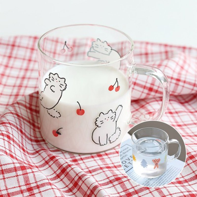 Romane Brunch Brother樱桃猫&熊熊玻璃杯 - 咖啡杯/马克杯 - 玻璃 