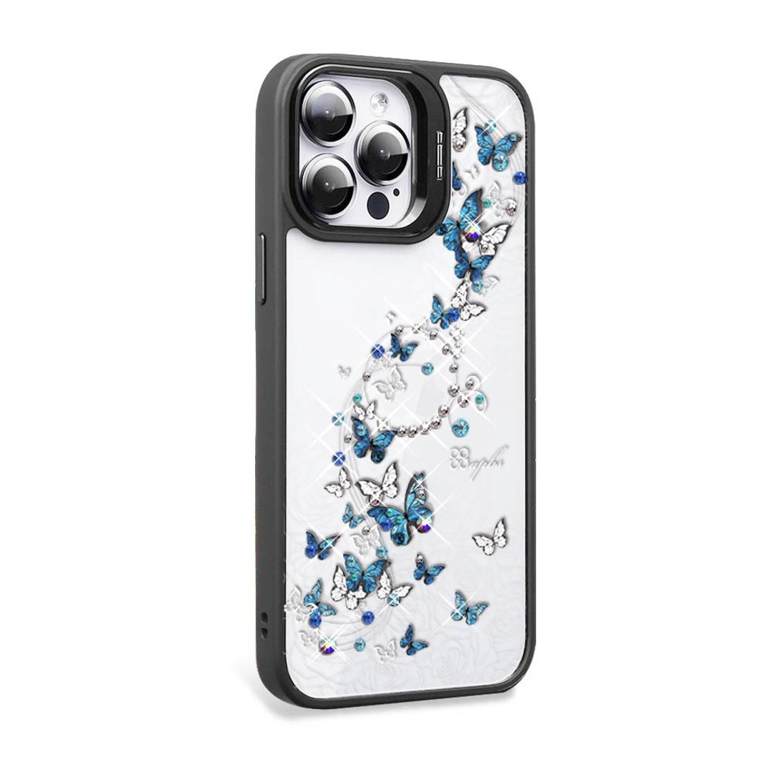 iPhone 15系列 防震双料隐形立架彩钻手机壳-蓝色圆舞曲-黑框 - 手机壳/手机套 - 其他材质 多色