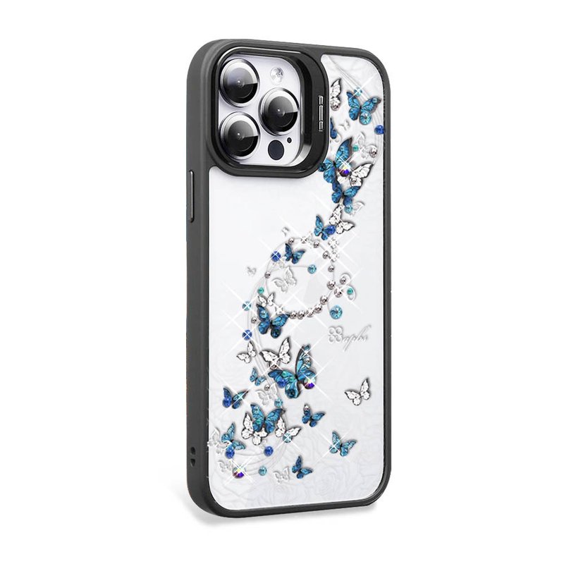 iPhone 15系列 防震双料隐形立架彩钻手机壳-蓝色圆舞曲-黑框 - 手机壳/手机套 - 其他材质 多色