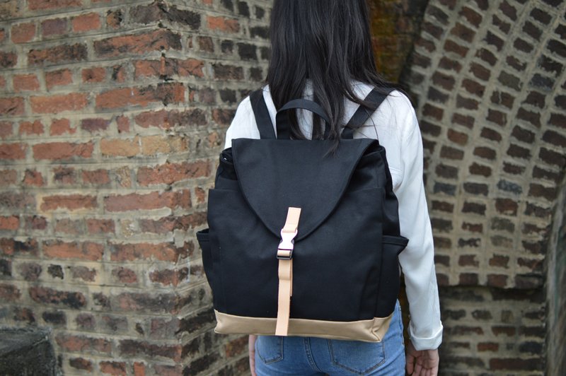 帆布皮革后背包 笔记本背包 旅行背包 男女学校背包 no.108黑色 - 后背包/双肩包 - 棉．麻 黑色