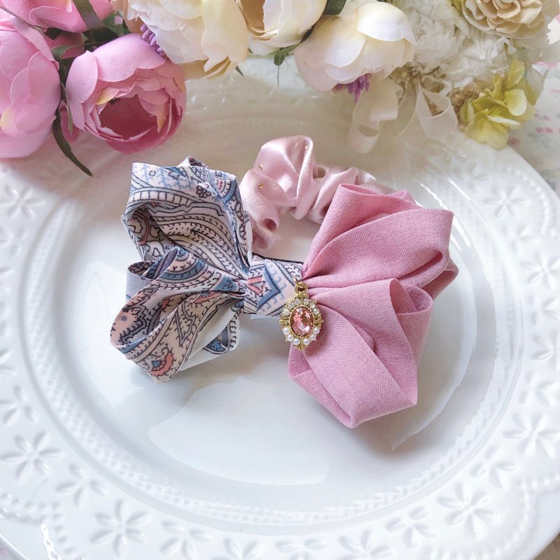 欧洲图腾拼色蝴蝶结发圈-烟熏粉色 - 发饰 - 其他材质 粉红色