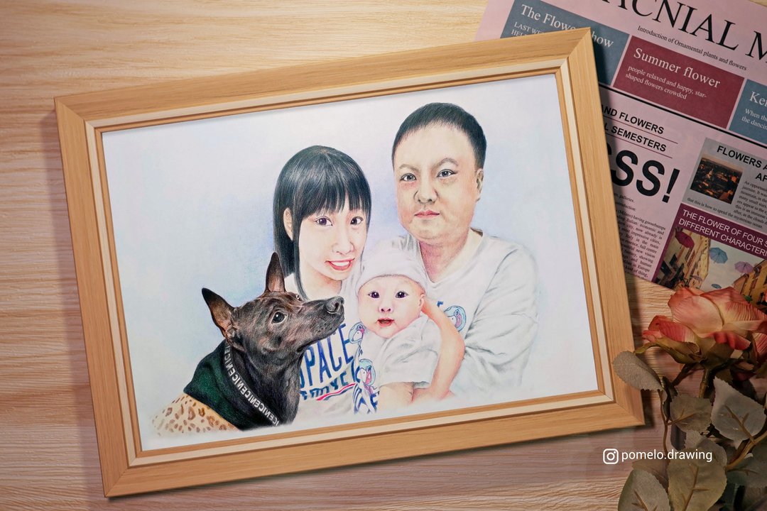 定制宠物画+人物肖像 A4尺寸可附框 精细色铅笔 - 订制画像 - 纸 