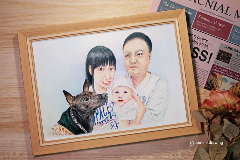 定制宠物画+人物肖像 A4尺寸可附框 精细色铅笔 - 订制画像 - 纸 