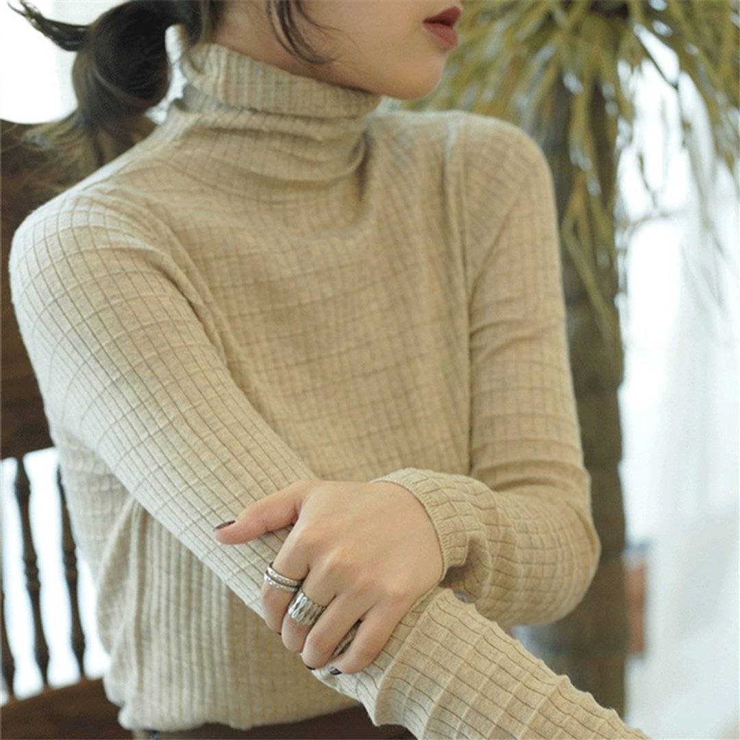 香檳燕麥色 3色 華夫格百搭羊毛高領針織衫 長袖氣質修身內搭毛衣 - 女装针织衫/毛衣 - 羊毛 卡其色