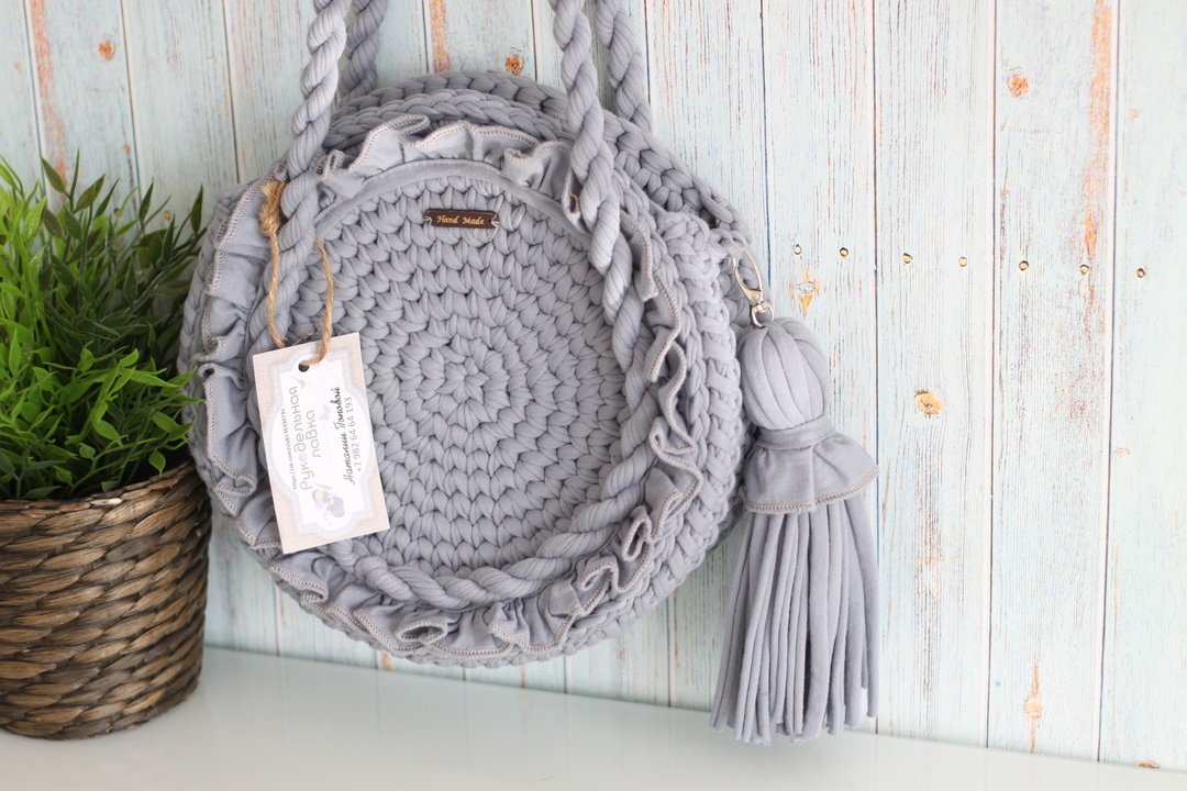 Shoulder round bag Casual handbag Round designer bag - 手提包/手提袋 - 棉 灰色
