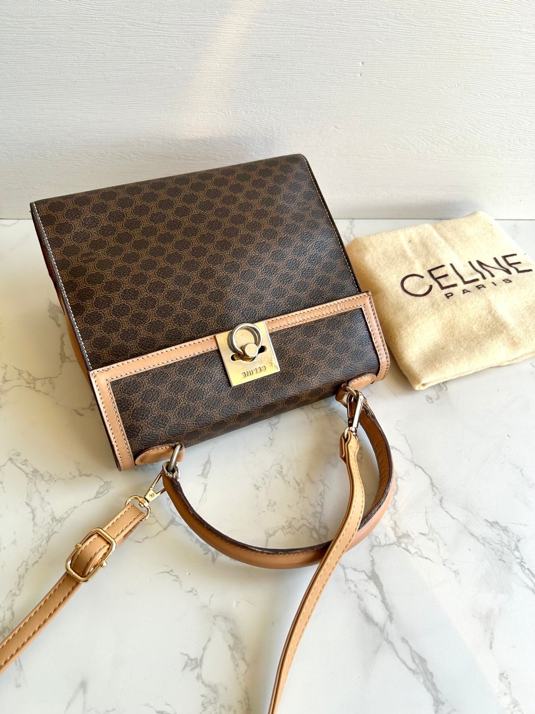绝版中古包 Celine 咖啡色老花小号凯莉 斜背包 单肩包 侧背包古董 - 侧背包/斜挎包 - 真皮 咖啡色