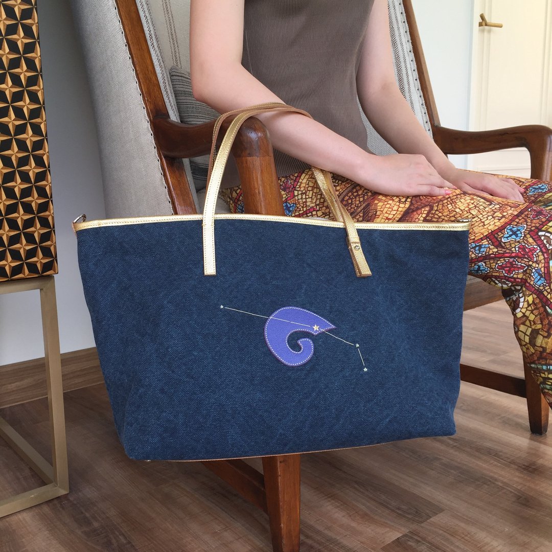 Aries Zodiac Tote, Canvas and Leather Zipped Top Handle Personalised Holdall - 手提包/手提袋 - 棉 蓝色