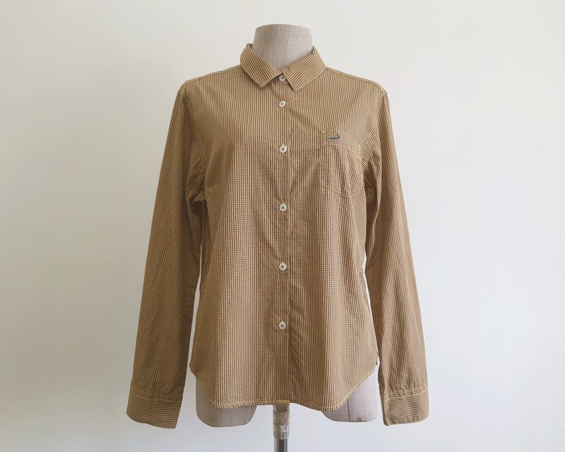 CROCODILE 复古棕黄格纹长袖纯棉女衬衫 S 码 - 女装上衣 - 棉．麻 咖啡色