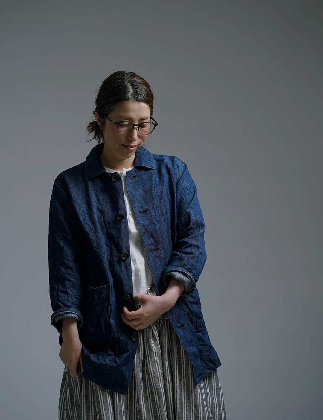wafu --Pure linen cowboy cloak Heavyweight Linen Denim Unisex Work Jacket / Indigo h031c-ind3 - 女装休闲/机能外套 - 亚麻 蓝色