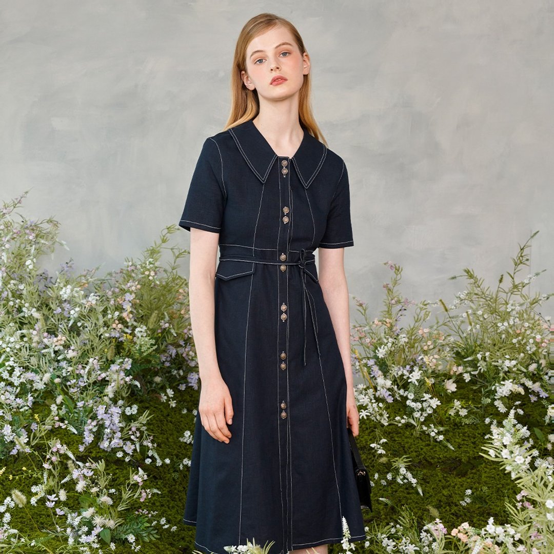 Two Button Collar Stitch Dress - 洋装/连衣裙 - 亚麻 蓝色