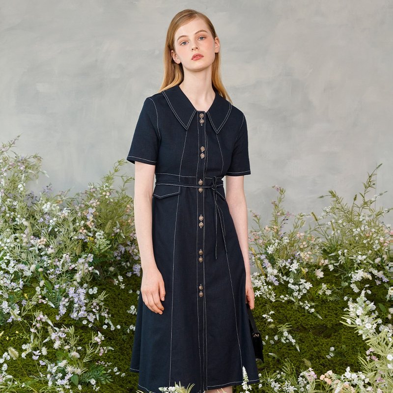 Two Button Collar Stitch Dress - 洋装/连衣裙 - 亚麻 蓝色