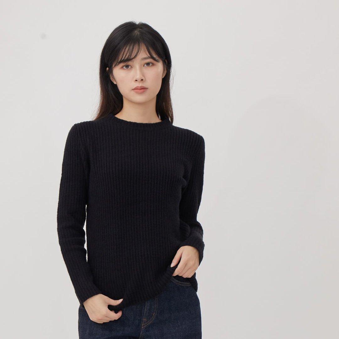 Lola圆领罗纹合身针织毛衣/黑 - 女装针织衫/毛衣 - 其他人造纤维 黑色