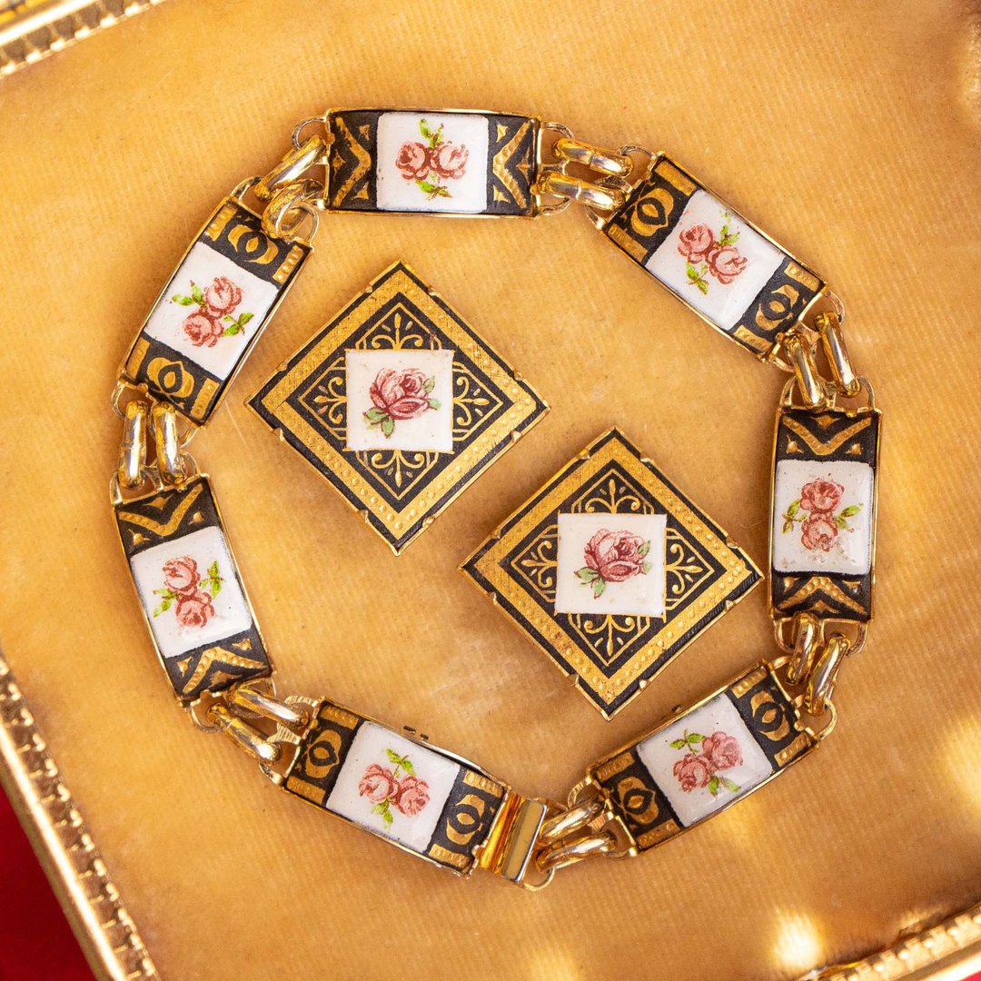 西班牙古董 大马士革24K金属镶嵌 白珐琅彩玫瑰花纹 手链耳夹套组 - 手链/手环 - 24k 金 金色