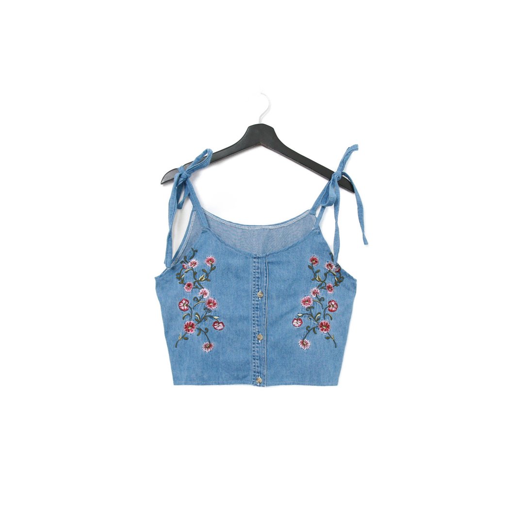 Back to Green-再制绑带丹宁刺绣 红白色花瓣 dv-07 vintage - 女装背心 - 棉 