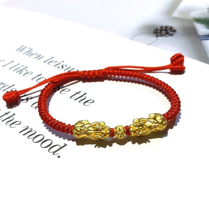 Eli Jewelry 9999纯金 富贵招财黄金双貔貅伸缩防泼水蜡绳手链 - 手链/手环 - 贵金属 金色