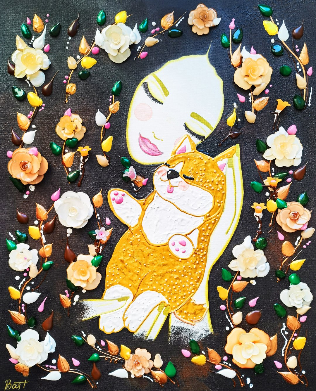 Woman & Shiba Inu. Summer floral dog mom with puppy. Funny pet portrait painting - 墙贴/壁贴 - 压克力 黑色