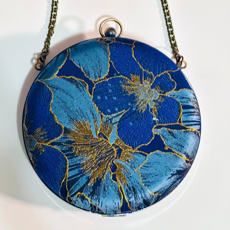 金蓝线花织锦缎小圆包 - 可手拿/ 斜背/ 婚礼姊妹礼物 - 手拿包 - 棉．麻 蓝色